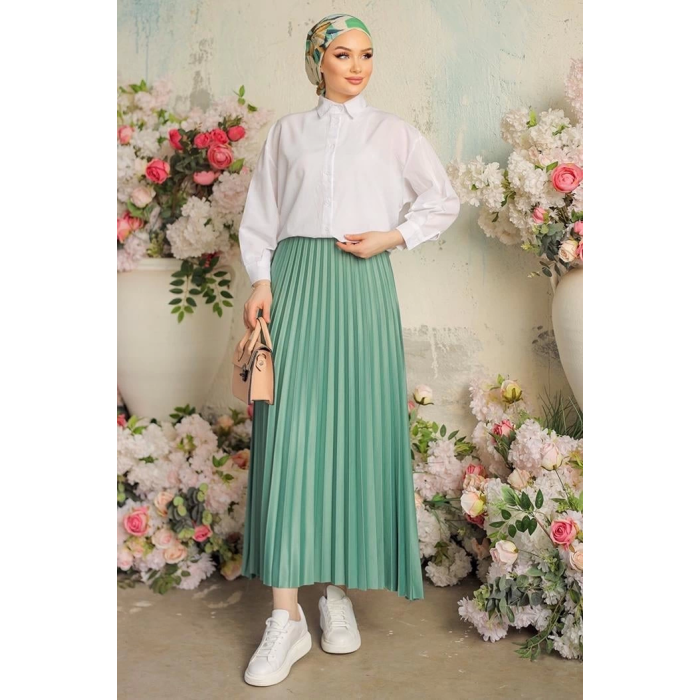 Zarif ve Modern Pileli Parlak Krep Gizli Lastikli Mint Etek ( Lisinya )