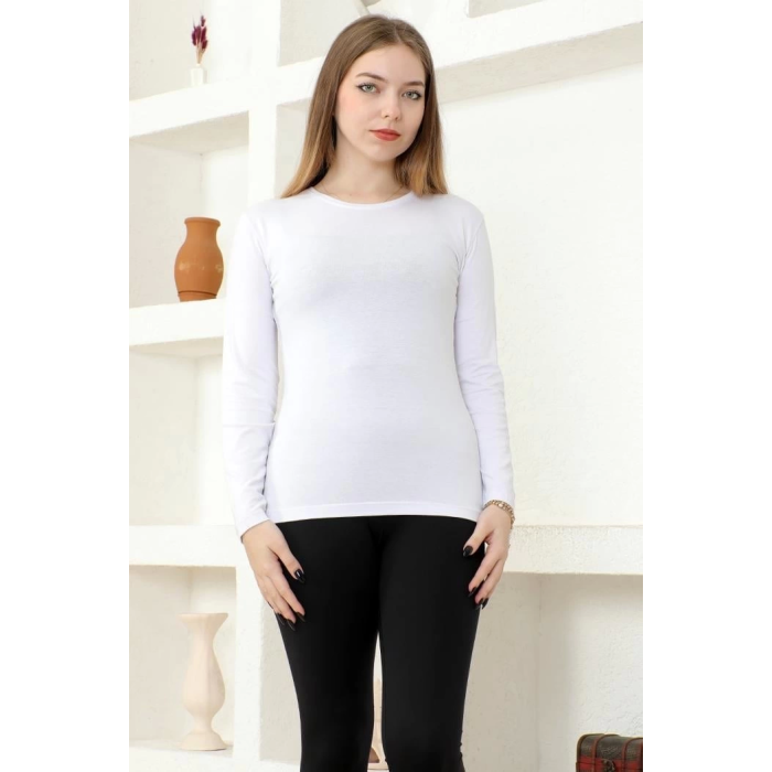 Rahat Ve Şık Uzun Kollu Bisiklet Yaka Likralı Viskon Penye Body Beyaz ( Lisinya )