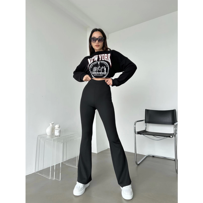 Şık Ve Rahat Yüksek Bel İspanyol Paça Fitilli Toparlayıcı Siyah Tayt ( Lisinya )