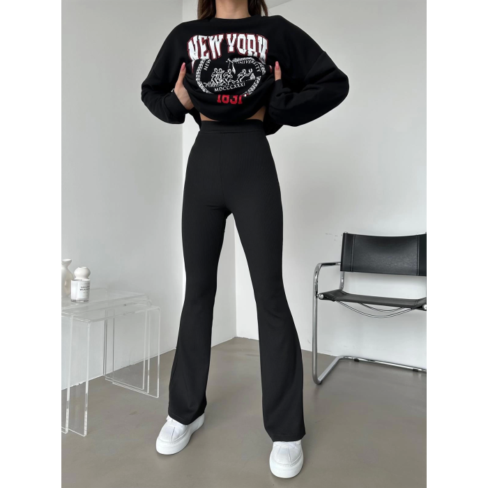 Şık Ve Rahat Yüksek Bel İspanyol Paça Fitilli Toparlayıcı Siyah Tayt ( Lisinya )