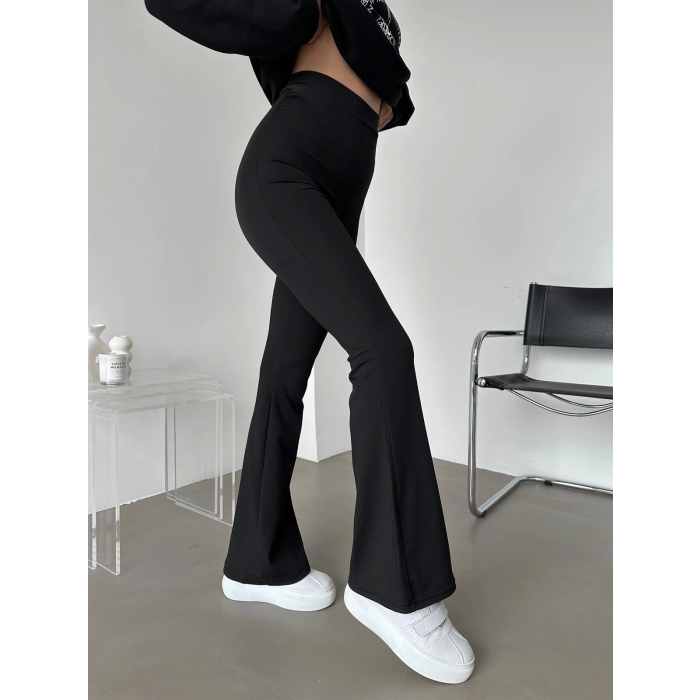 Şık Ve Rahat Yüksek Bel İspanyol Paça Fitilli Toparlayıcı Siyah Tayt ( Lisinya )