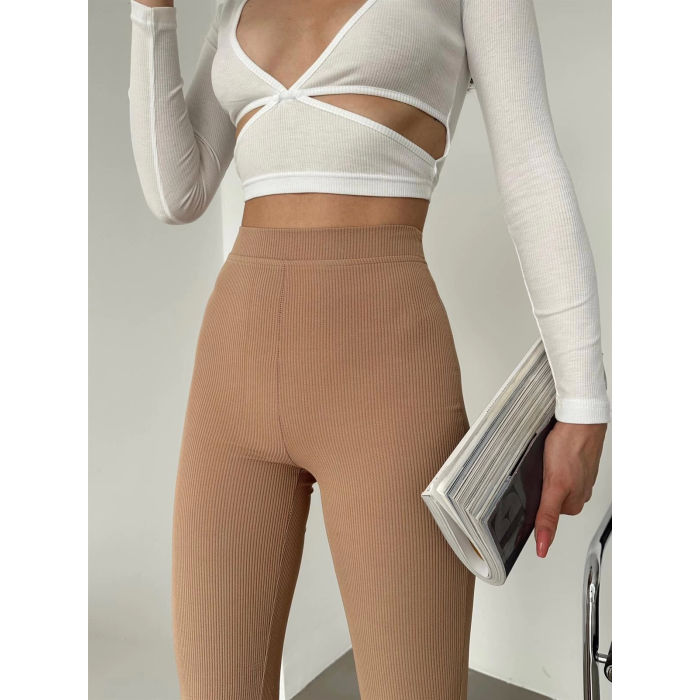 Şık Ve Rahat Yüksek Bel İspanyol Paça Fitilli Toparlayıcı Bej Tayt ( Lisinya )
