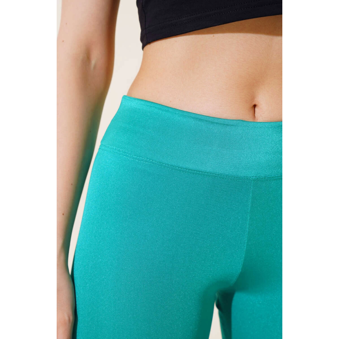 Esnek Yüksek Bel Yeşil Uzun Parlak Disco Tayt ( Lisinya )