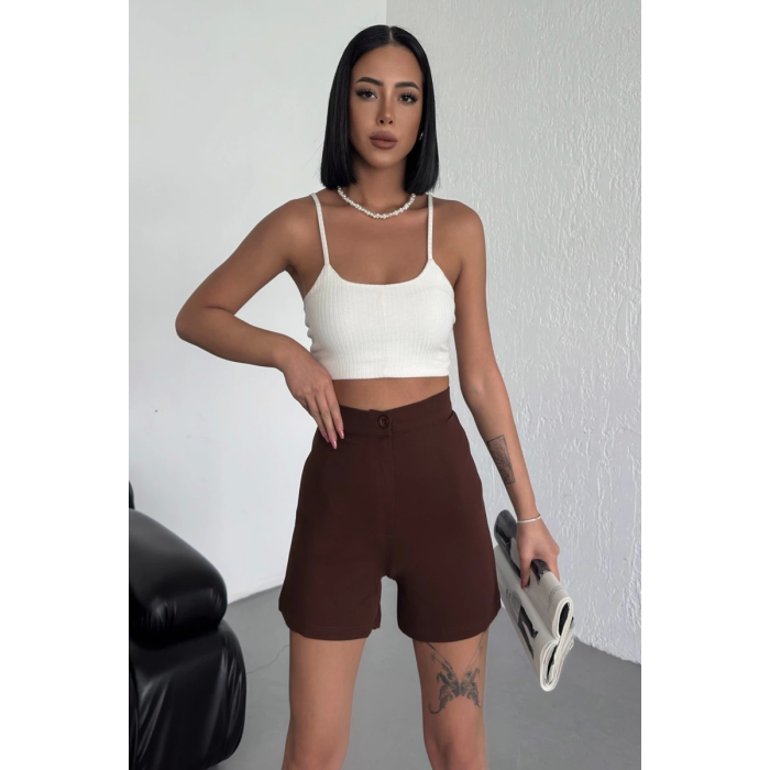 Tarz ve Rahatlığı Bir Arada Sunan Yüksek Bel Esnek Likralı Krep Şort Kahverengi ( Lisinya )