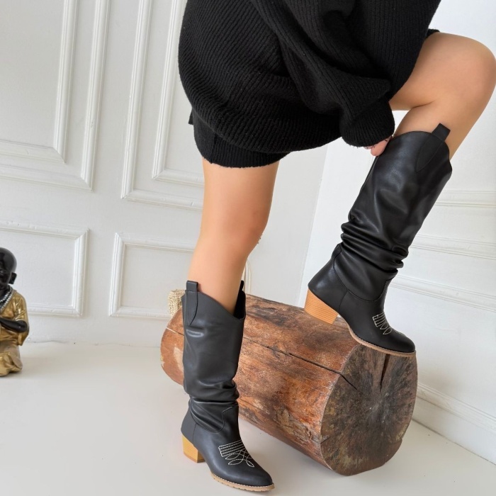 Jeoni Siyah Cilt Topuklu Çizme - Lisinya