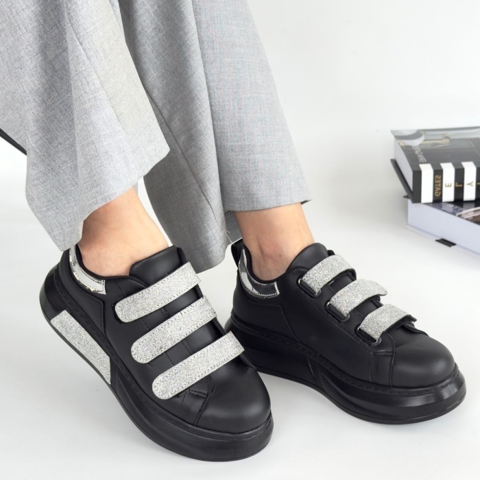 Elika Siyah Cilt Simli Cırt Cırtlı Spor Ayakkabı - Lisinya