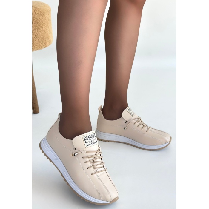 Monya Bej Cilt Bağcıklı Spor Ayakkabı - Lisinya