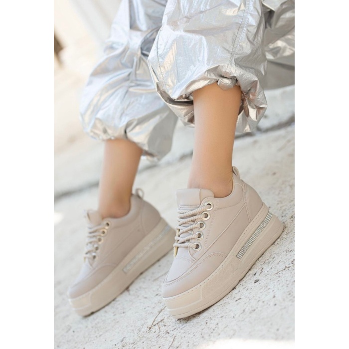 Lulu Bej Cilt Bağcıklı Spor Ayakkabı - Lisinya