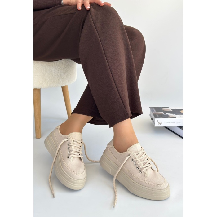 Carin Bej Keten Bağcıklı Spor Ayakkabı - Lisinya