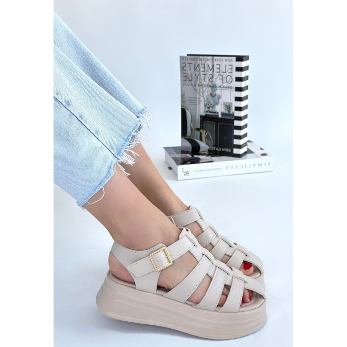 Toten Bej Cilt Kemerli Sandalet - Lisinya