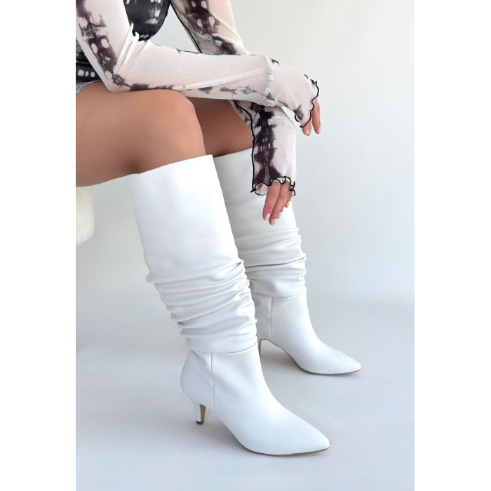 Zelya Beyaz Cilt Topuklu Çizme - Lisinya