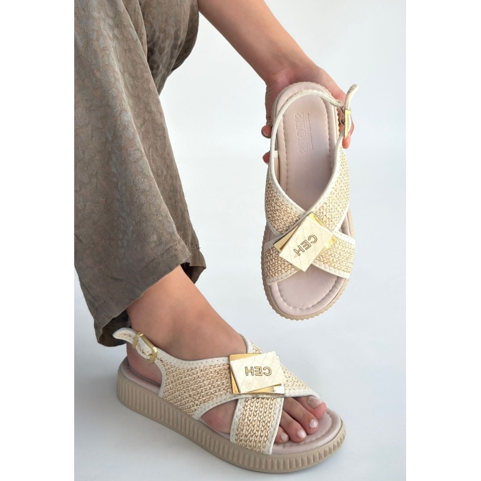 Cate Bej Hasır Cilt Sandalet - Lisinya