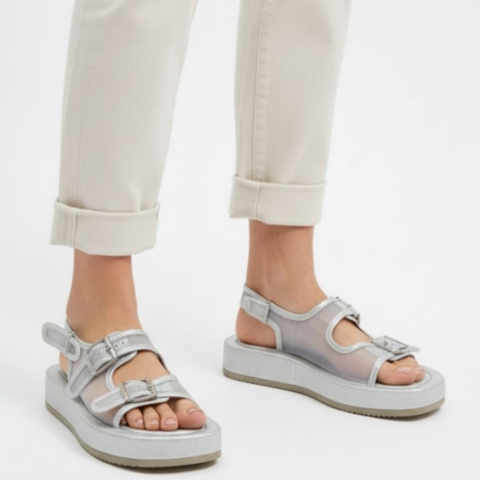 Sinna Gümüş Cilt Tül Detaylı Sandalet - Lisinya