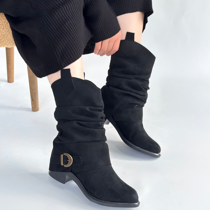 Canty Siyah Süet Körüklü Topuklu Çizme - Lisinya