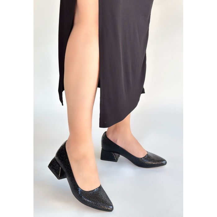 Nitya Siyah Baskılı Rugan Topuklu Ayakkabı - Lisinya