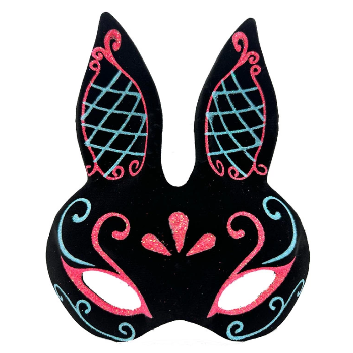 Siyah Renk Mavi Kırmızı Simli Siyah Süet Kaplama Tavşan Maskesi 18x16 Cm - Lisinya