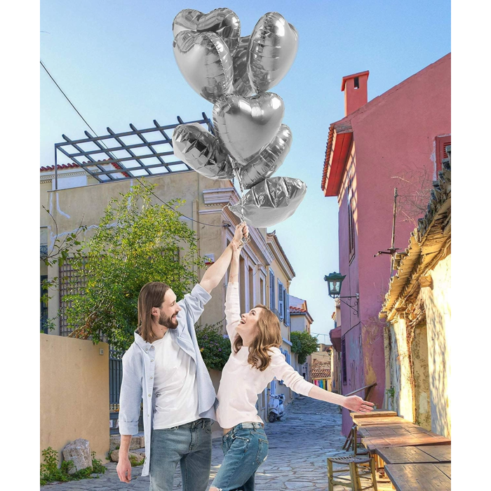 Metalize Parlak Gümüş Kalp Şekilli Uçan Balon Folyo 18 İnç 45 Cm 10 Adet - Lisinya