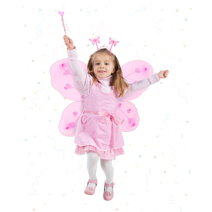 Pembe Kelebek Kız Seti – 50 Cm Kelebek Kanadı, Taç Ve Asa - Lisinya