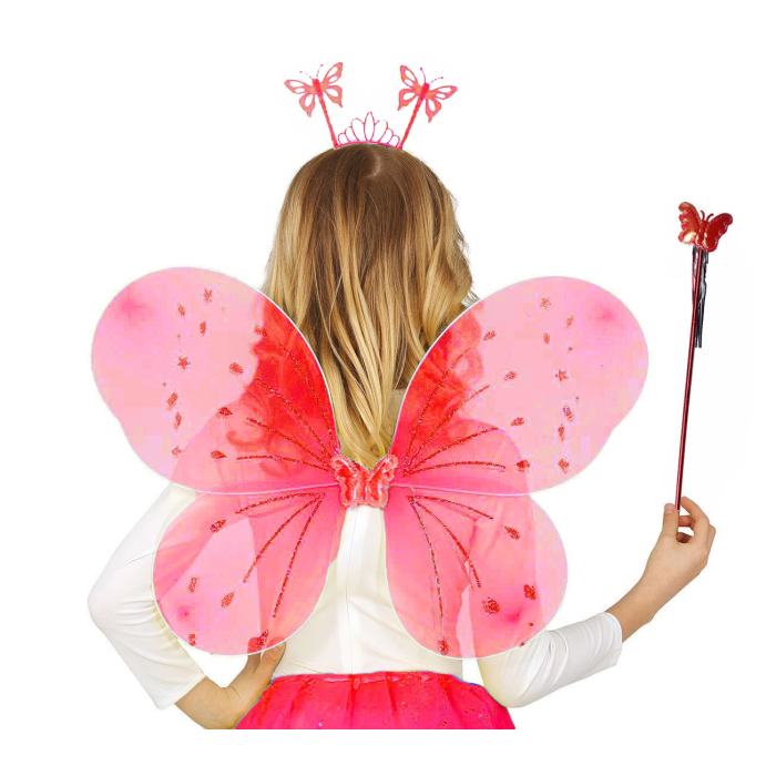 Kırmızı Renk Çocuk Kelebek Kanadı Tacı Ve Asa Seti 50 Cm - Lisinya