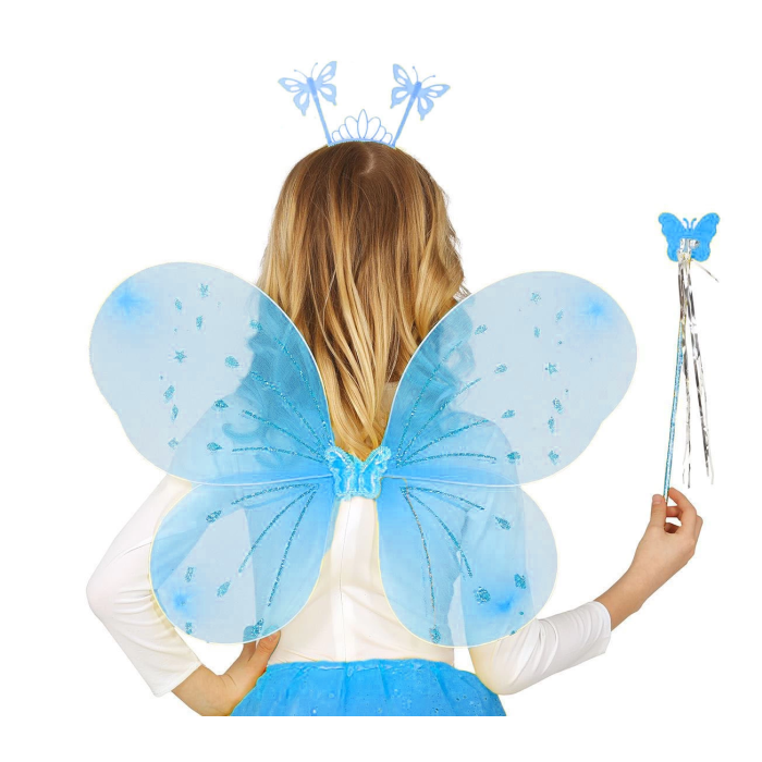 Mavi Kelebek Erkek-kız Seti – 50 Cm Kelebek Kanadı, Taç Ve Asa - Lisinya