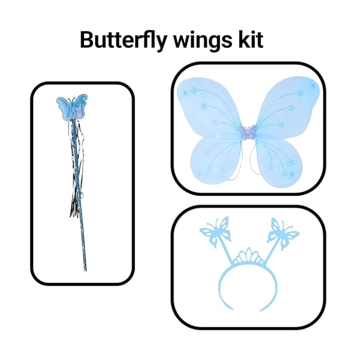 Mavi Kelebek Erkek-kız Seti – 50 Cm Kelebek Kanadı, Taç Ve Asa - Lisinya