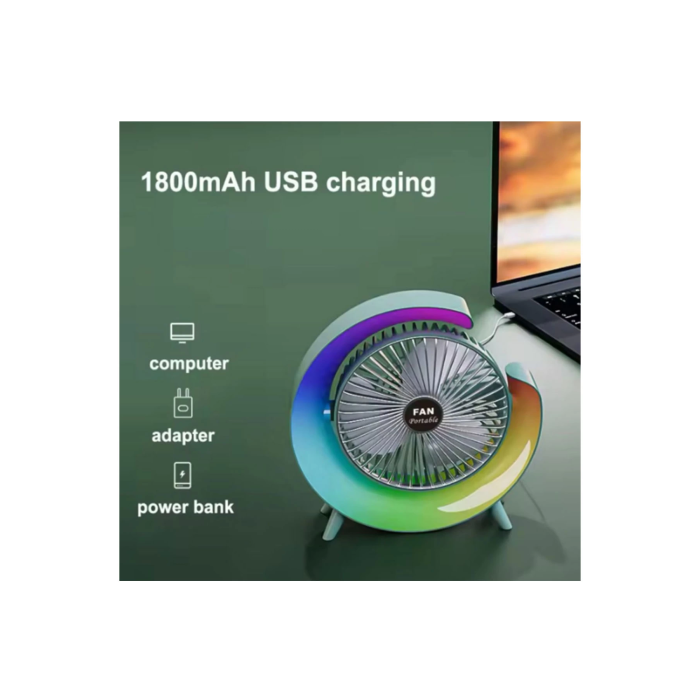Masaüstü Vantilatör Usb Şarjlı Rgb Led Işıklı 3 Kademeli 180° Ayarlanabilir Soğutucu Fan Yeşil - Lisinya