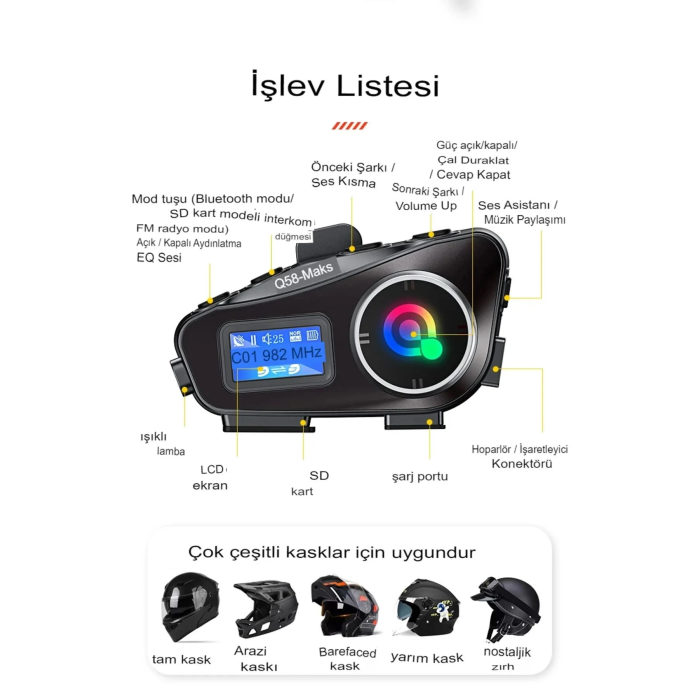 Q58-max Radyolu 2 Kişi Bağlantılı Bluetooth Kask Kulaklık Ekranlı Fenerli Müzik Ve Telsiz Intercom - Lisinya
