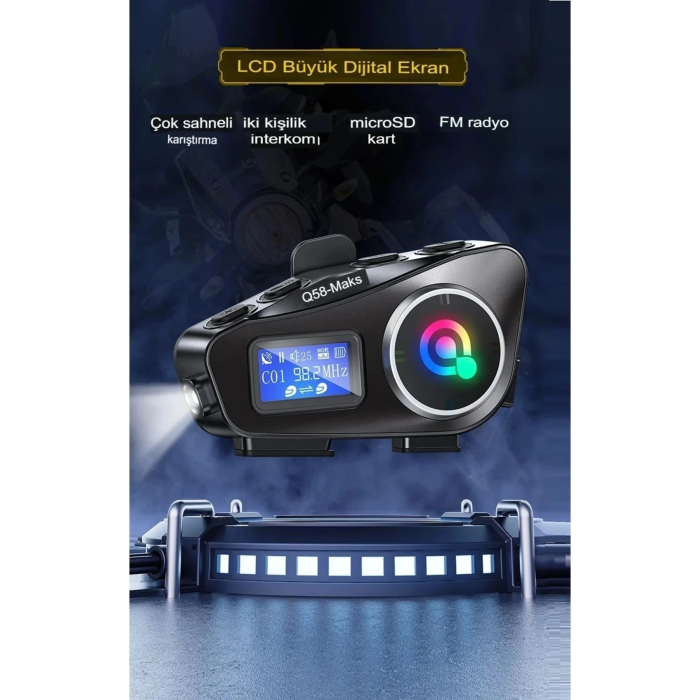 Q58-max Radyolu 2 Kişi Bağlantılı Bluetooth Kask Kulaklık Ekranlı Fenerli Müzik Ve Telsiz Intercom - Lisinya