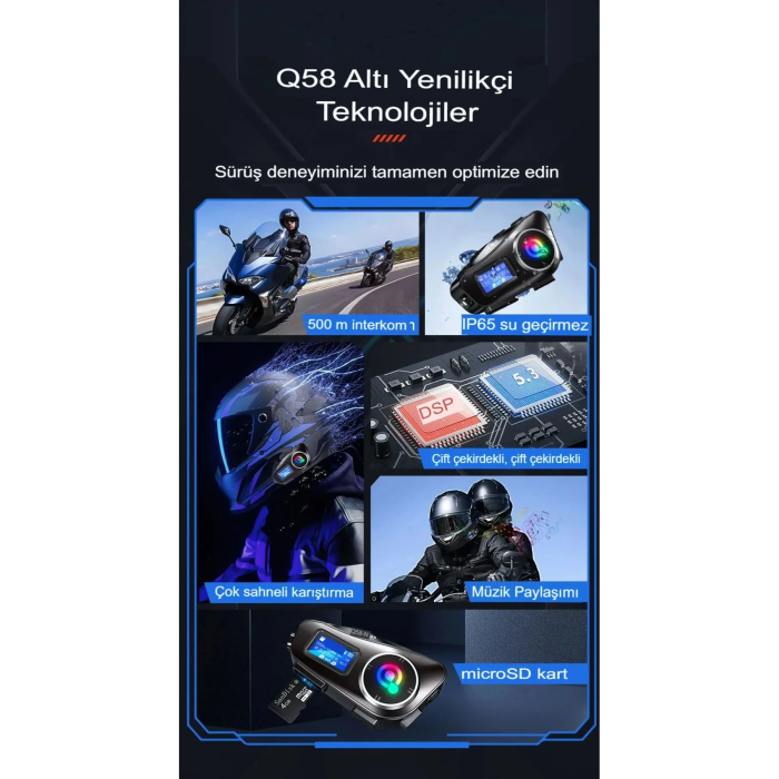 Q58-max Radyolu 2 Kişi Bağlantılı Bluetooth Kask Kulaklık Ekranlı Fenerli Müzik Ve Telsiz Intercom - Lisinya