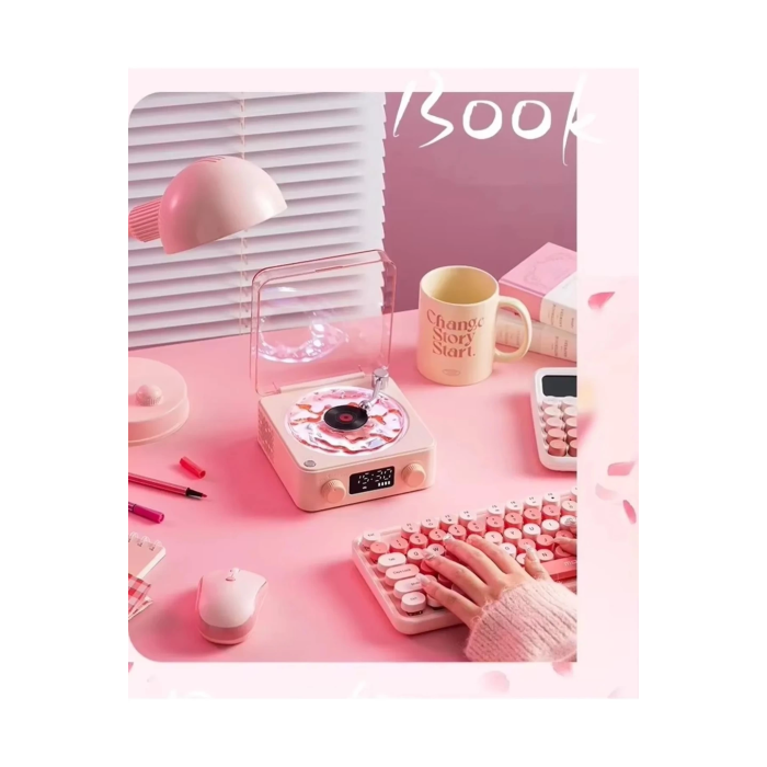 Waves Nostalji Plak Görünümlü Bluetooth Hoparlör 3d Ses Dalgası Retro Müzik Plak Pembe - Lisinya