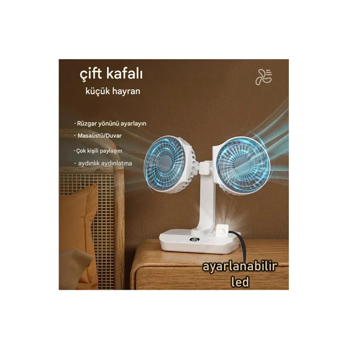 Masaüstü Dijital Ekranlı Çift Fanlı Led Işıklı Soğutucu Fan Ev Ofis Şarjlı Vantilatör - Lisinya