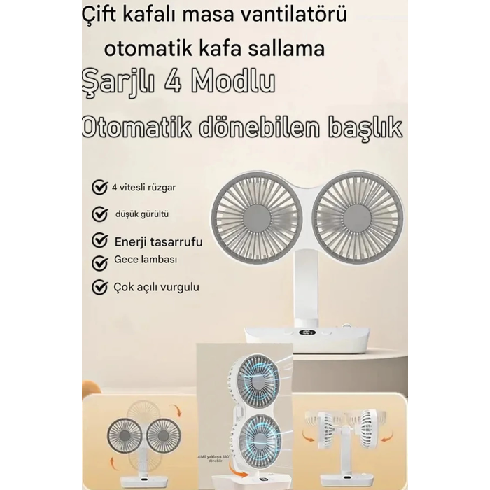Masaüstü Dijital Ekranlı Çift Fanlı Led Işıklı Soğutucu Fan Ev Ofis Şarjlı Vantilatör - Lisinya