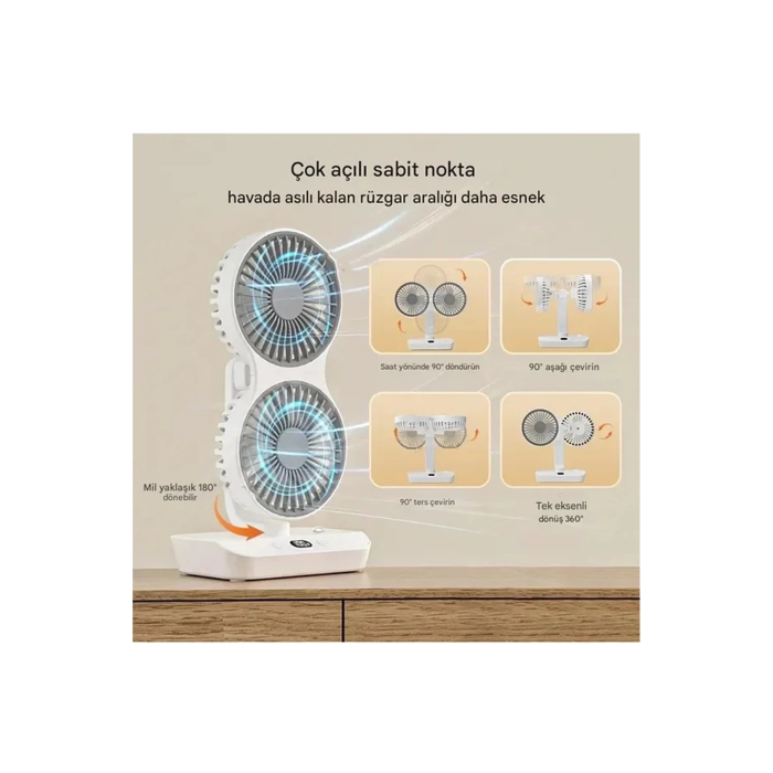 Masaüstü Dijital Ekranlı Çift Fanlı Led Işıklı Soğutucu Fan Ev Ofis Şarjlı Vantilatör - Lisinya