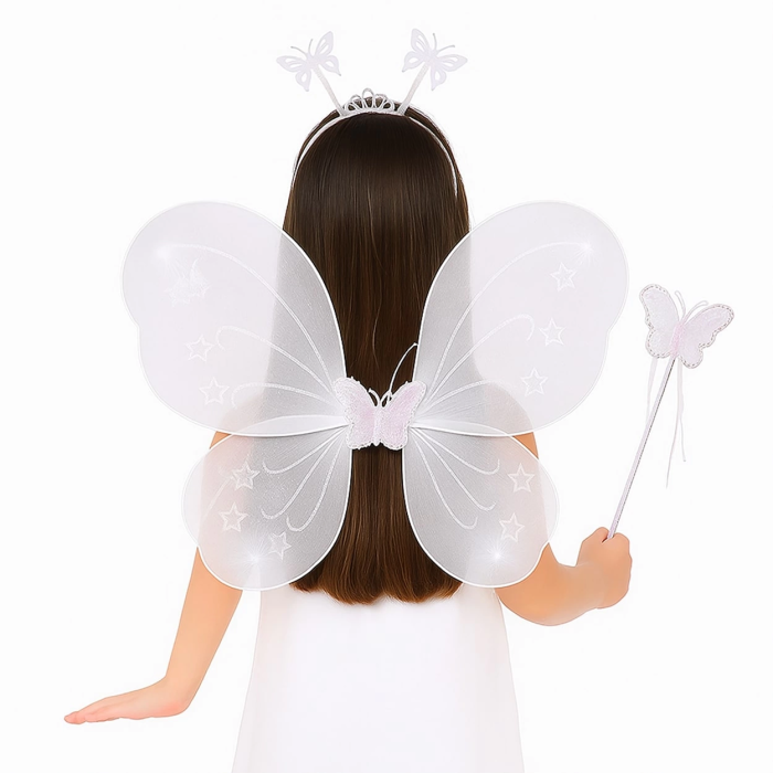 Beyaz Kelebek Kız Seti – 50 Cm Kelebek Kanadı, Taç Ve Asa - Lisinya