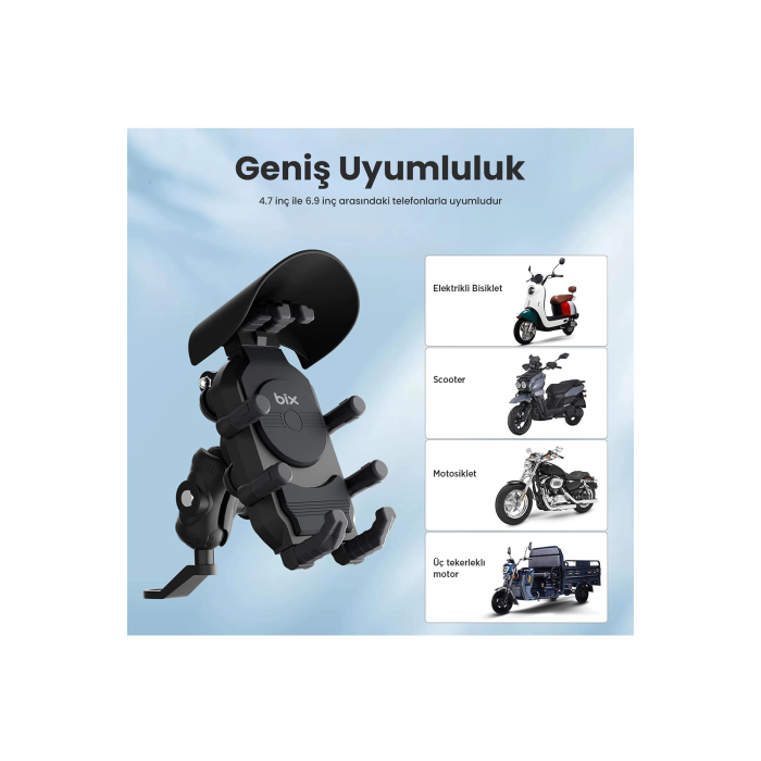 Ayna Bağlantılı Güneş Ve Yağmur Korumalı 360° Derece Ayarlanabilir Motosiklet Telefon Tutucu - Lisinya