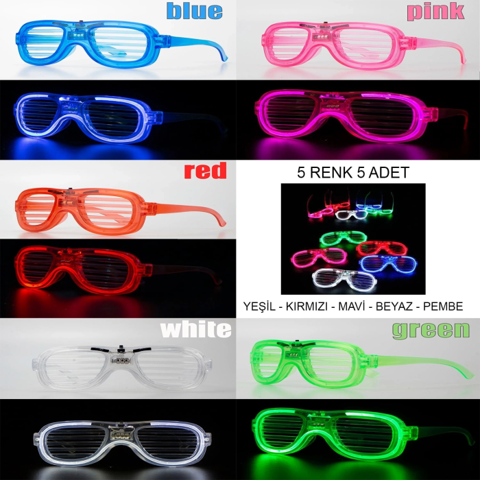 Glow Model Led Işıklı Parti Gözlüğü 3 Modlu 5 Renk 5 Adet - Lisinya
