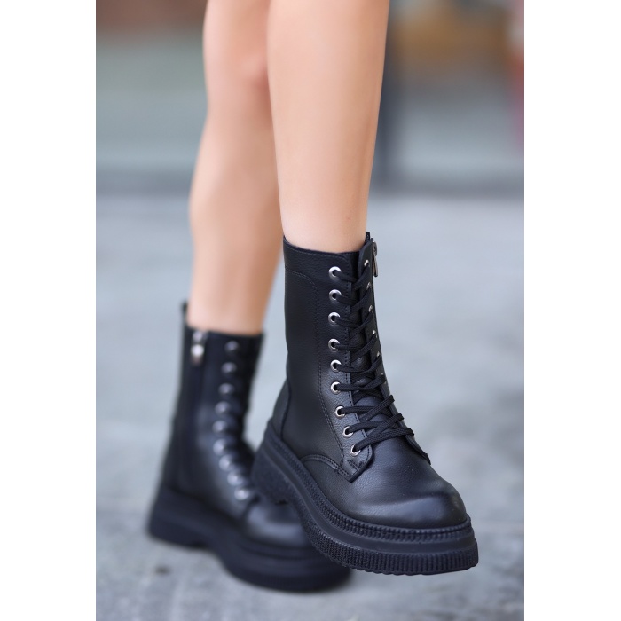 Roxan Siyah Cilt Bağcıklı Bot - Lisinya