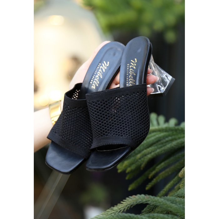 Akva Siyah Triko Şeffaf Topuklu Terlik - Lisinya