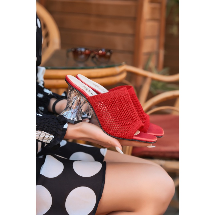 Akva Kırmızı Triko Şeffaf Topuklu Terlik - Lisinya