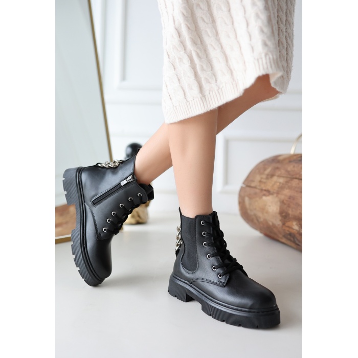 Harte Siyah Cilt Bağcıklı Bot - Lisinya