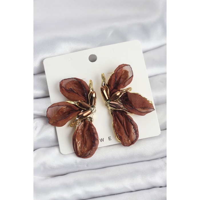 Lotus Model Kahverengi Renk Tüllü Kadın Küpe - Lisinya