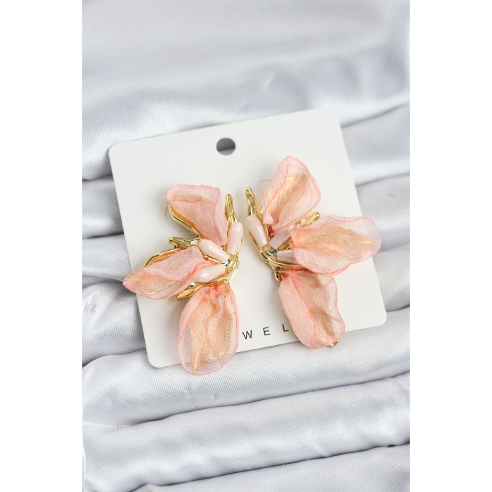 Lotus Model Yavruağızı Renk Tüllü Kadın Küpe - Lisinya