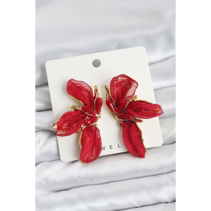 Lotus Model Kırmızı Renk Tüllü Kadın Küpe - Lisinya