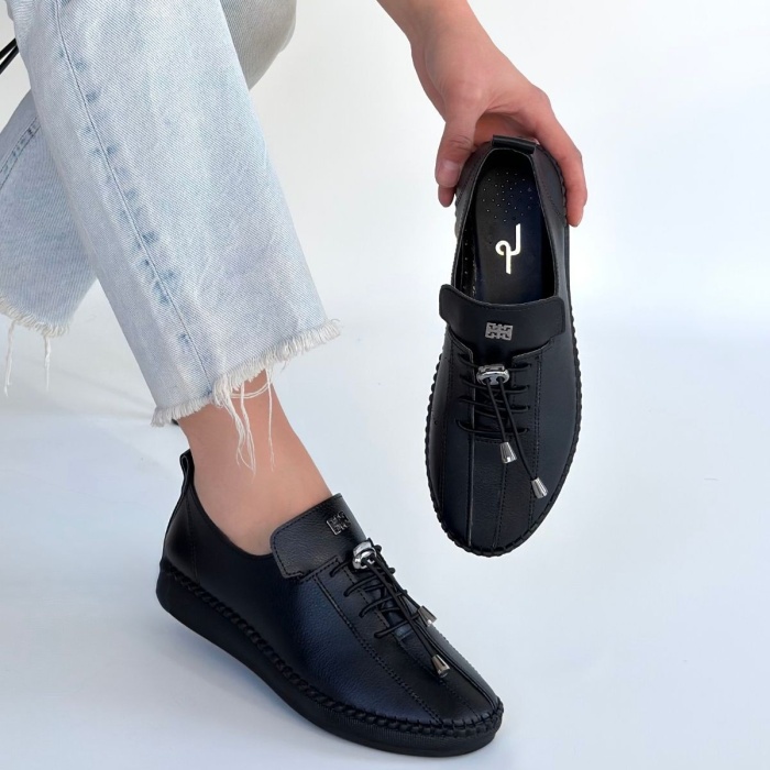 Warte Siyah Deri Bağcıklı Spor Ayakkabı - Lisinya