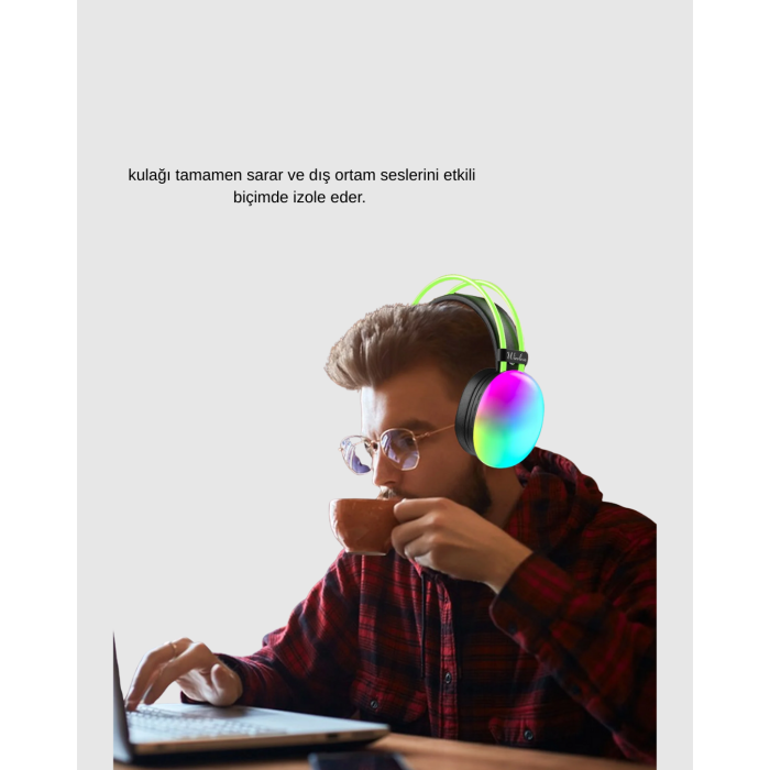 RGB Işıklı Kablosuz Kulaklık Bluetooth 5.3 800mAh Ergonomik IPX4 Dayanıklı - Lisinya