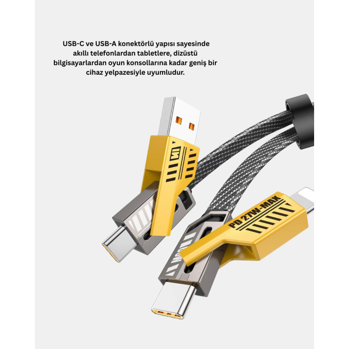 USB-C USB-A 4’ü 1 Arada Örgülü Kablo 65W Hızlı Şarj Metal Uç Dayanıklı - Lisinya