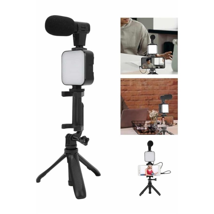 Tripod Telefon Tutucu Kumandalı Mikrofon Led Işık Vlog Video Kayıt - Lisinya