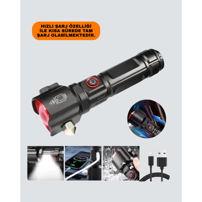 Çekiçli Pusulalı Acil Durum Feneri USB Şarjlı Çok Fonksiyonlu - Lisinya