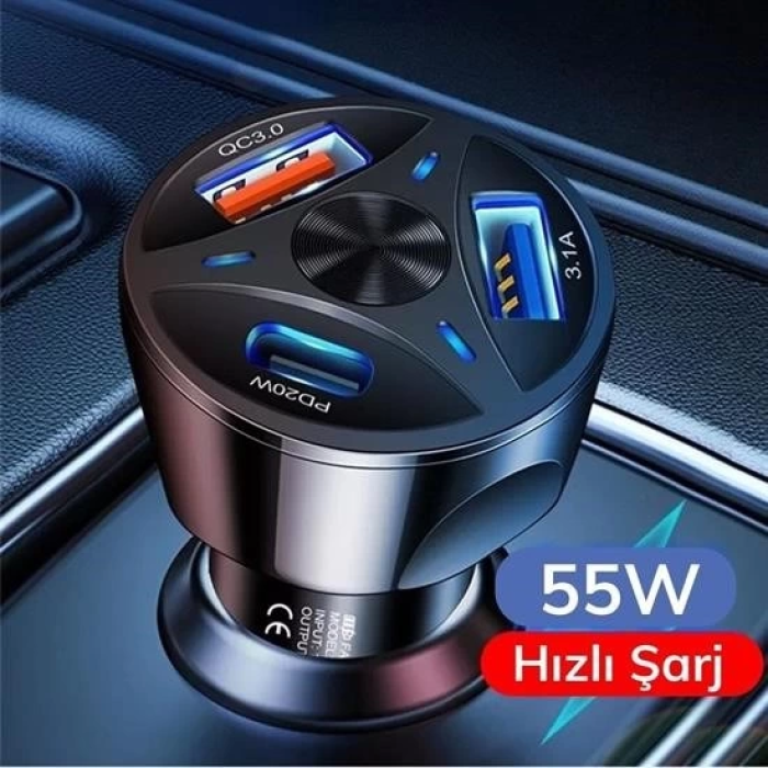 55w 3 Port Usb Araç İçin Telefon Şarj Cihazı 3 Girişli Çakmaklık Adaptör-31a Pd 20w Qc 30 ( Lisinya )