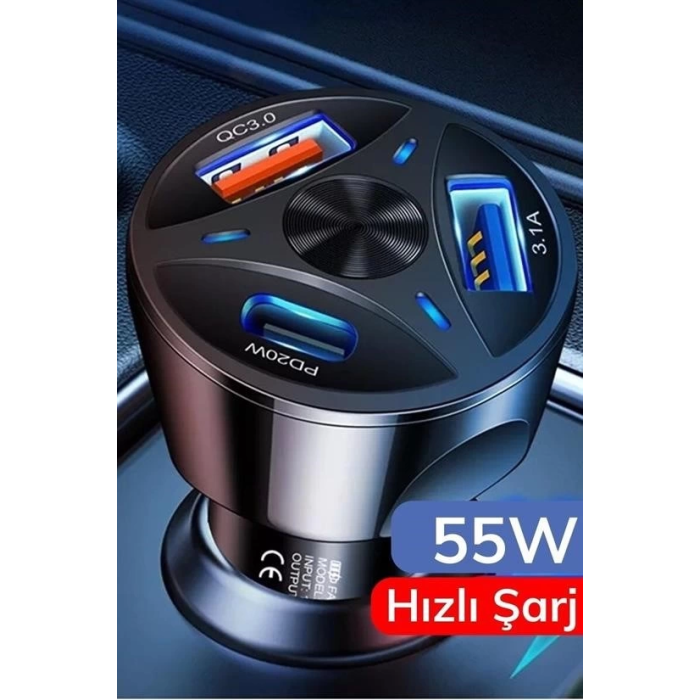 55w 3 Port Usb Araç İçin Telefon Şarj Cihazı 3 Girişli Çakmaklık Adaptör-31a Pd 20w Qc 30 ( Lisinya )